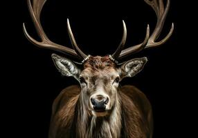 Realistic portrait of a deer isolated on dark background. AI generated photo