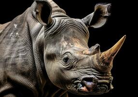 Realistic closeup portrait of a rhino on dark background. AI generated photo