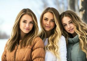 Group of young people in winter landscape. Cold time. AI generated photo