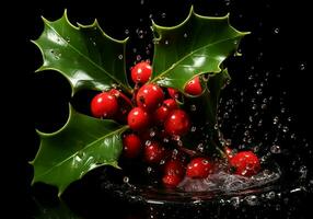 Red holly berries falling isolated on dark background. AI generated photo