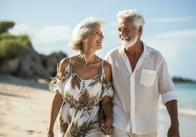 Senior couple holding hands walking on the beach with tenderness and complicity. AI generated photo