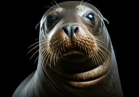 Realistic portrait of a seal isolated on dark background. AI generated photo