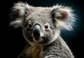 Realistic portrait of a koala isolated on dark background. AI generated photo