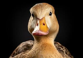 Realistic portrait of a duck isolated on dark background. AI generated photo