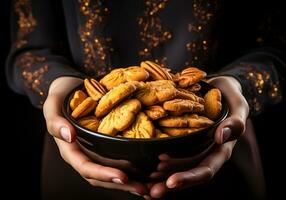 Woman's hand hold a bowl with delicious cookies. Christmas time. AI generated photo