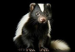 Realistic closeup portrait of a skunk on dark background. AI generated photo