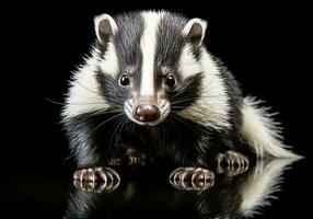 Realistic closeup portrait of a skunk on dark background. AI generated photo