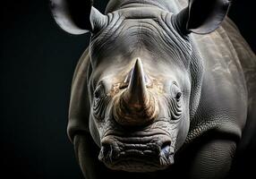 Realistic closeup portrait of a rhino on dark background. AI generated photo