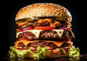 Big hamburger on black background. AI generated photo