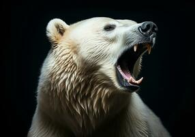 Realistic closeup portrait of a polar bear on dark background. AI generated photo