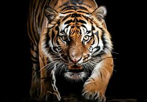 Realistic portrait of a tiger on dark background. AI generated photo