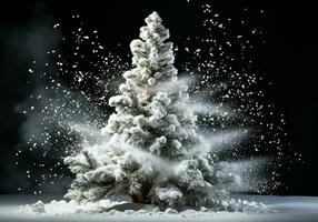 Christmas tree with snow isolated on dark background. AI generated photo