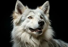 Realistic closeup portrait of a white wolf on dark background. AI generated photo