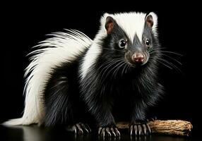 Realistic closeup portrait of a skunk on dark background. AI generated photo