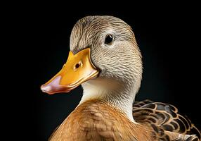 Realistic portrait of a duck isolated on dark background. AI generated photo