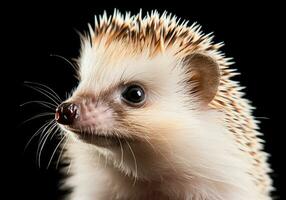 Realistic closeup portrait of a hedgehog on dark background. AI generated photo