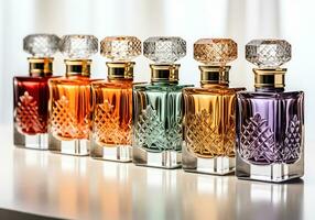 elegante perfume botellas, con diferente fragancias, en un blanco antecedentes. ai generado foto