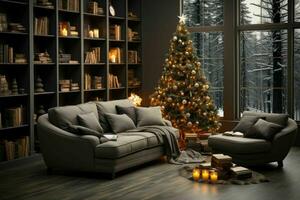 AI Generative, Stylish interior of living room with decorated Christmas tree, Luxury living room New Year photo