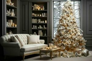 AI Generative, Stylish interior of living room with decorated Christmas tree, Luxury living room New Year photo