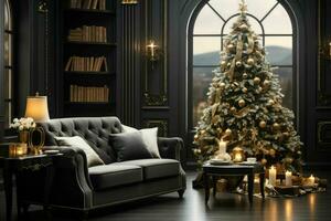 ai generativo, elegante interior de vivo habitación con decorado Navidad árbol, lujo vivo habitación nuevo año foto