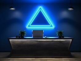 Empty blue neon light modern interior wall background front view Ai generated photo