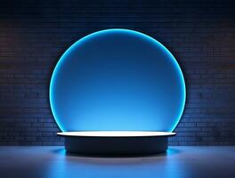 Empty blue neon light modern interior wall background front view Ai generated photo