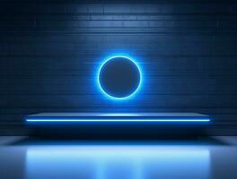 Empty blue neon light modern interior wall background front view Ai generated photo