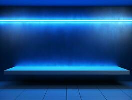 Empty blue neon light modern interior wall background front view Ai generated photo