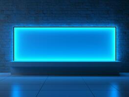 Empty blue neon light modern interior wall background front view Ai generated photo