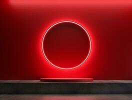 Empty 3d base neon light modern interior wall background front view Ai generated photo