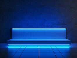 Empty blue neon light modern interior wall background front view Ai generated photo