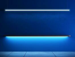 vacío azul neón ligero moderno interior pared antecedentes frente ver ai generado foto