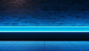 Empty blue neon light modern interior wall background front view Ai generated photo