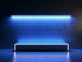 Empty blue neon light modern interior wall background front view Ai generated photo