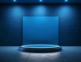 Empty blue neon light modern interior wall background front view Ai generated photo