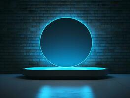 Empty blue neon light modern interior wall background front view Ai generated photo