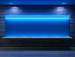 Empty blue neon light modern interior wall background front view Ai generated photo