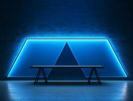 Empty blue neon light modern interior wall background front view Ai generated photo