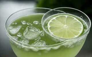 Refreshing summer drink with ice and lime. Generative AI. photo