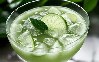 Refreshing summer drink with ice and lime. Generative AI. photo