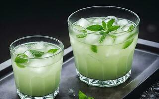 Refreshing summer drink with ice and lime. Generative AI. photo