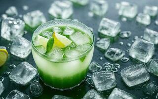 Refreshing summer drink with ice and lime. Generative AI. photo