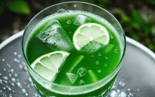 Refreshing summer drink with ice and lime. Generative AI. photo