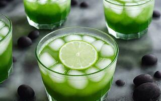 Refreshing summer drink with ice and lime. Generative AI. photo
