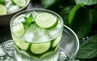 Refreshing summer drink with ice and lime. Generative AI. photo