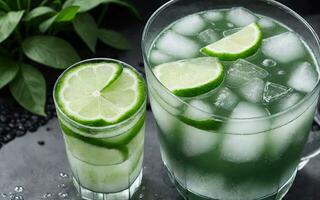 Refreshing summer drink with ice and lime. Generative AI. photo
