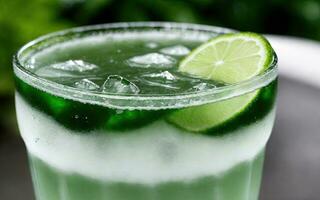 Refreshing summer drink with ice and lime. Generative AI. photo