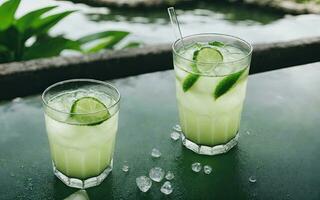 Refreshing summer drink with ice and lime. Generative AI. photo