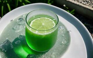 Refreshing summer drink with ice and lime. Generative AI. photo