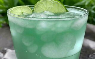 Refreshing summer drink with ice and lime. Generative AI. photo